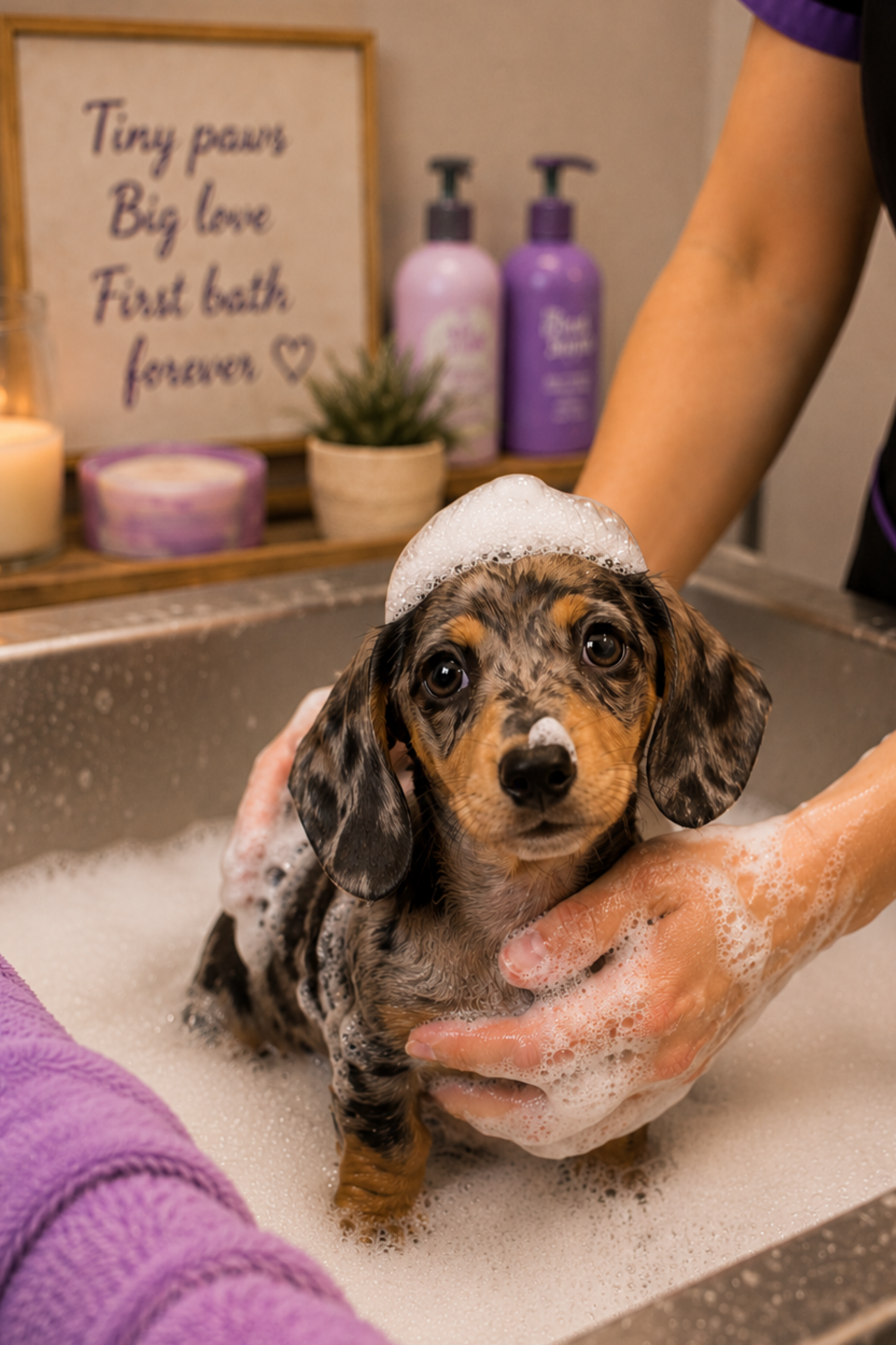 Puppy receiving a gentle first grooming experience.